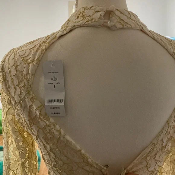 NWT Bebe mocked neck gold lace dress S - Picture 3 of 3